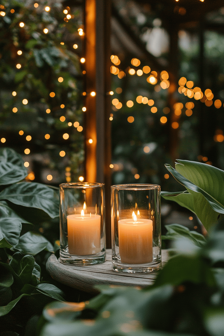 Zwei Kerzen in Gläsern auf einem Tisch im Garten, umgeben von Lichterketten.