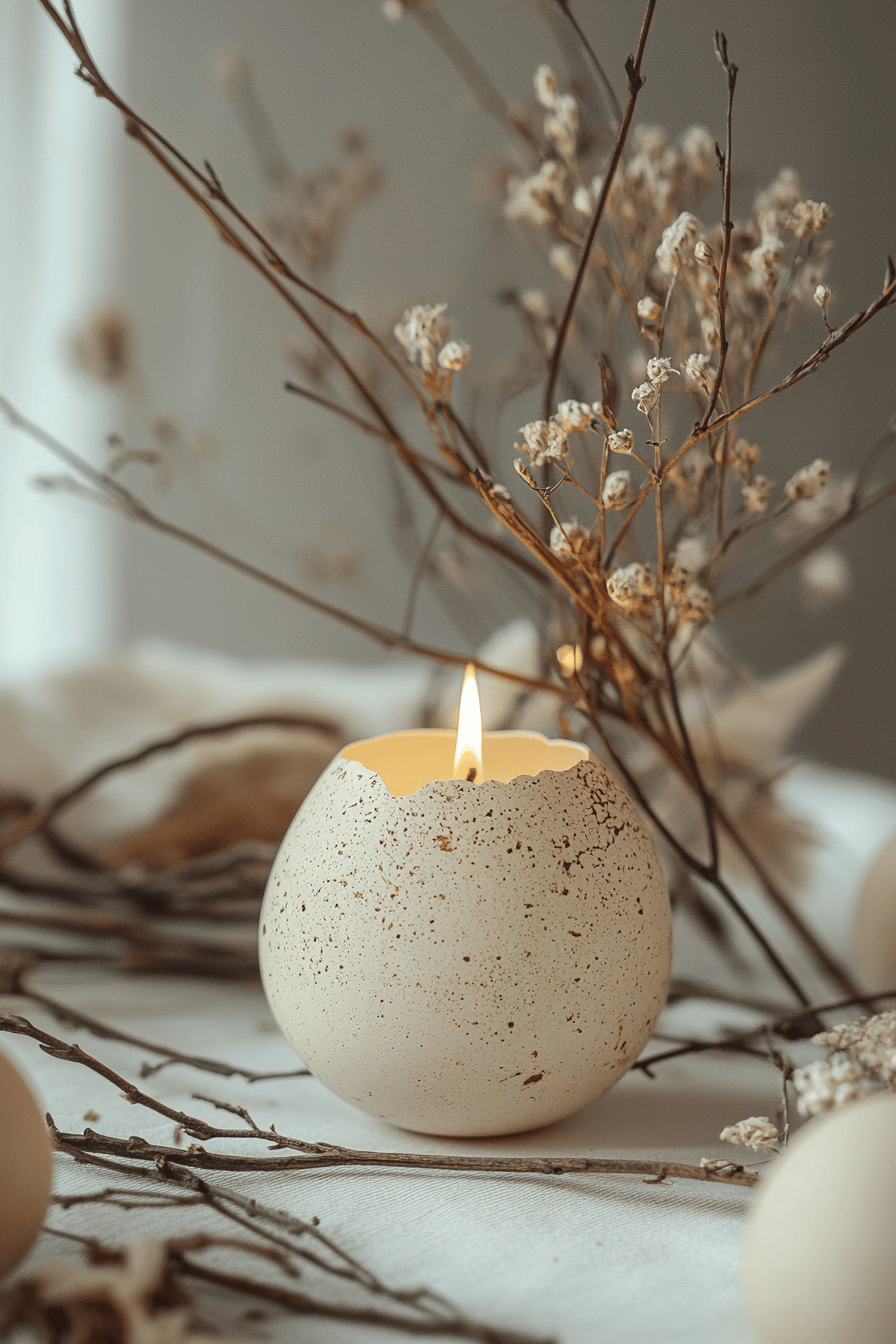 Ein brennendes Teelicht in einer halben Eierschale, umgeben von Zweigen und getrockneten Blumen.