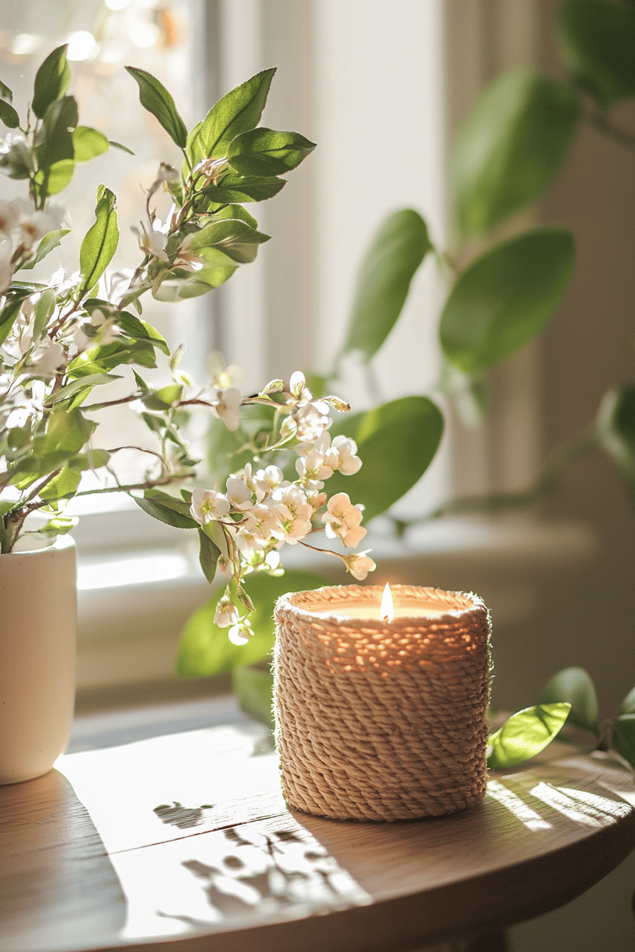 Kerze in Seilhalterung auf Tisch neben blühendem Zweig.