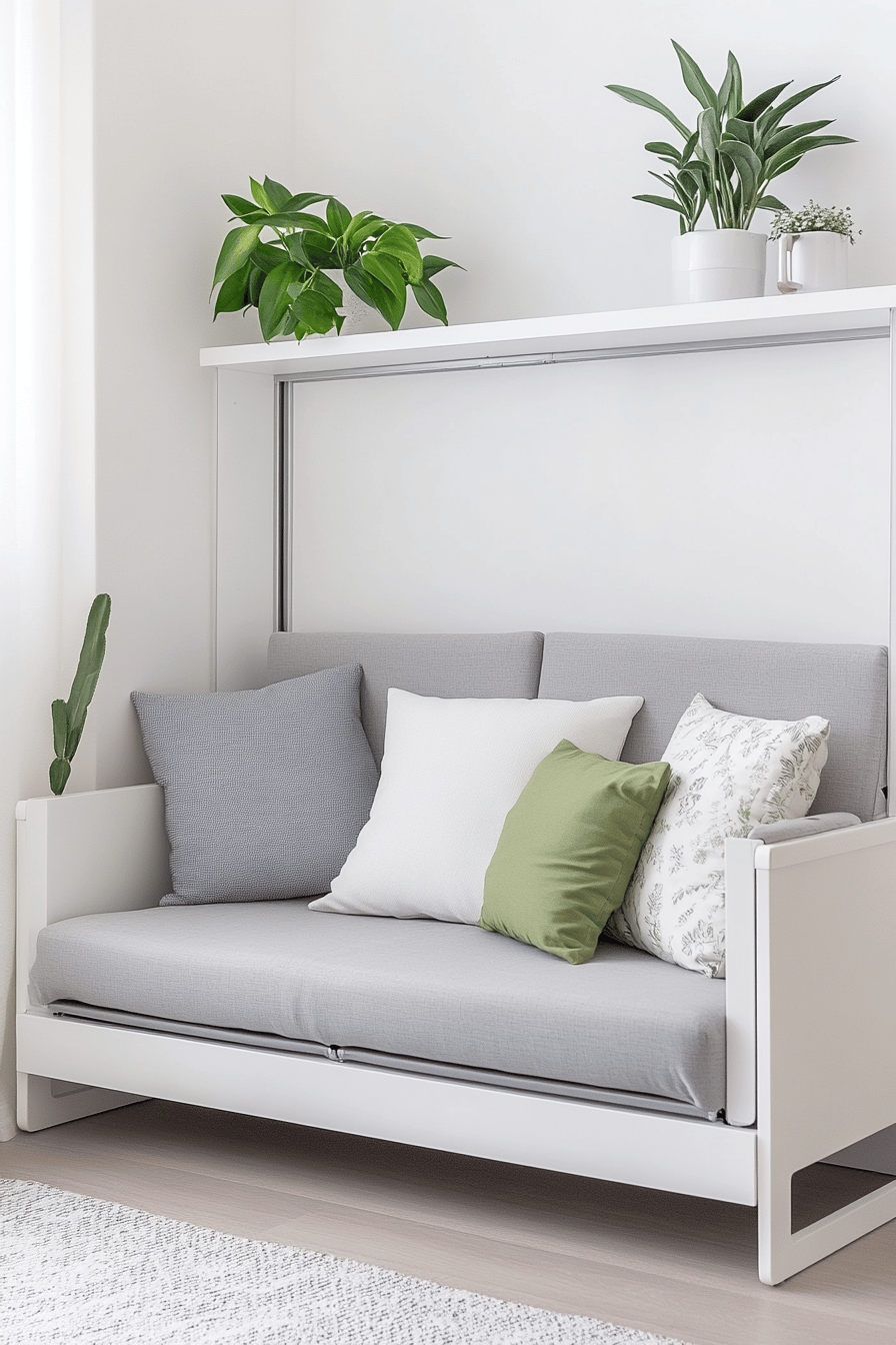Ein modernes, kleines Wohnzimmer mit einem klappbaren Sofa und grünen Pflanzen.