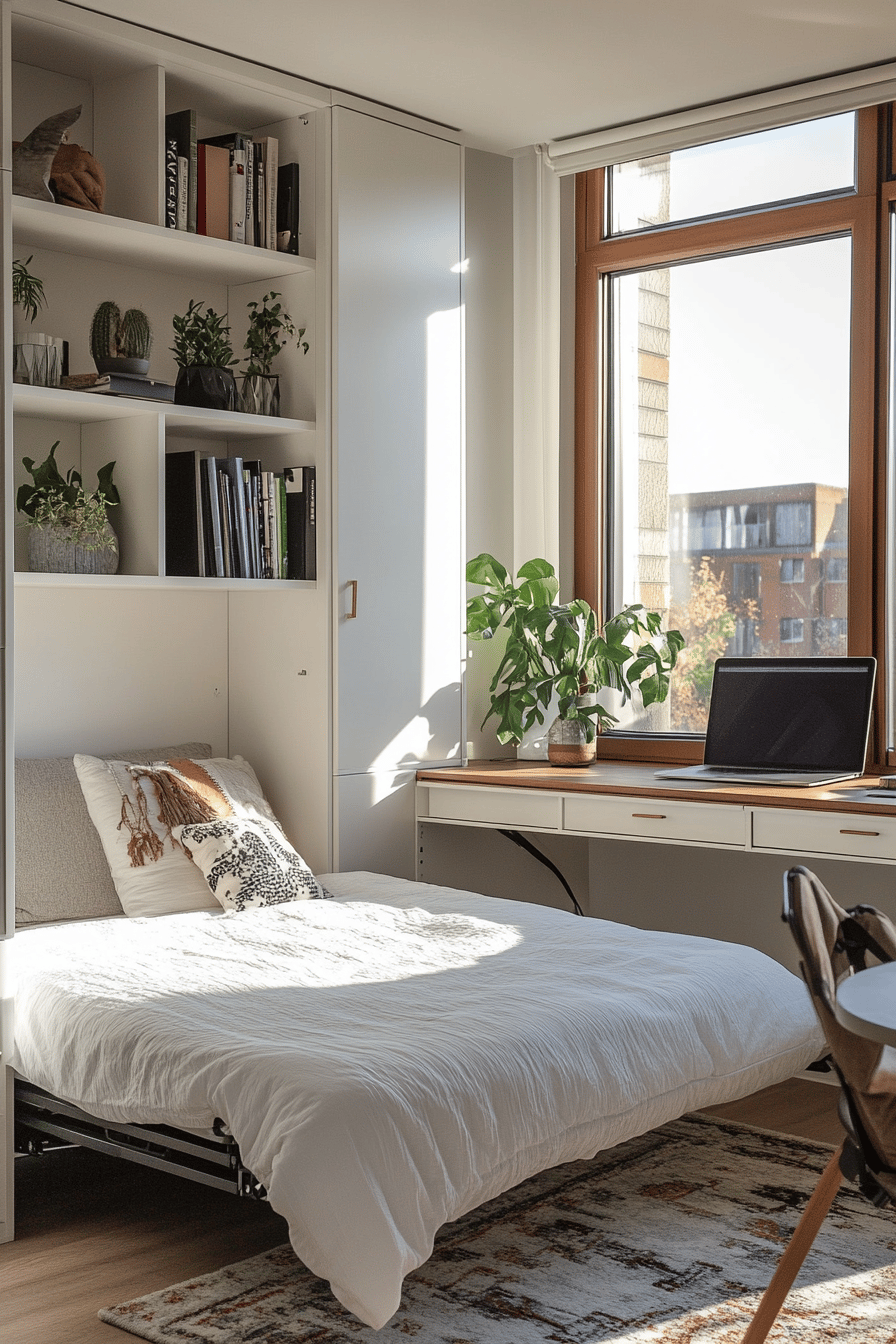 Ein kleines Zimmer mit einem Klappbett und einem Schreibtisch am Fenster.