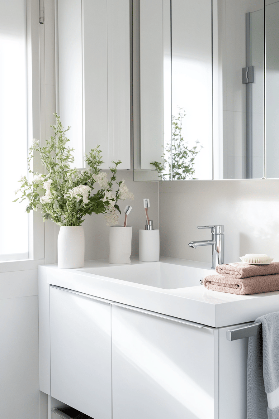 Weißes Badezimmer mit modernen Möbeln, Pflanzen und Handtüchern.