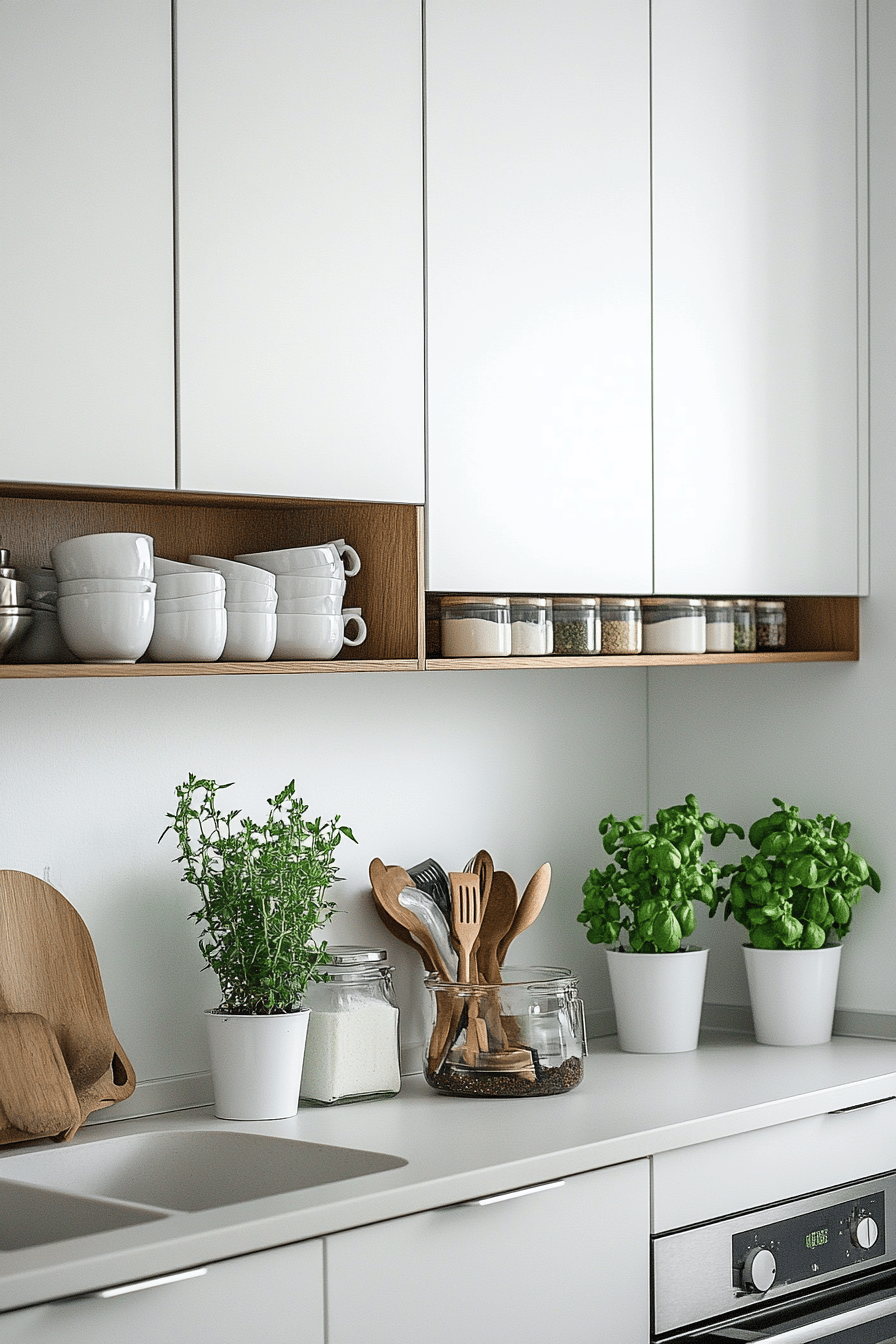Moderne Küche mit weißen Einbauschränken und grünen Kräutertöpfen.