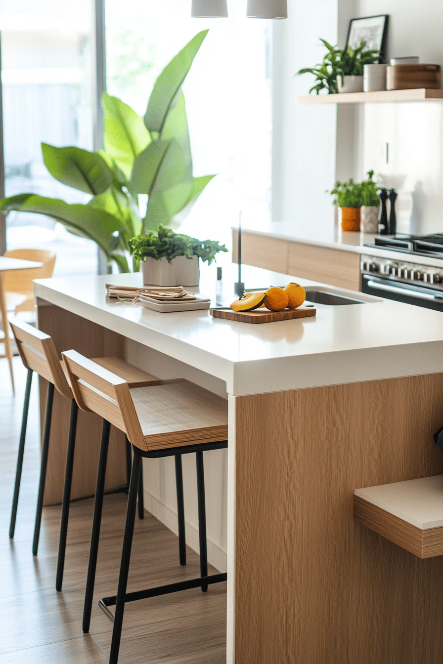 Moderne kleine Küche mit Holzdetails und multifunktionalem Tisch.