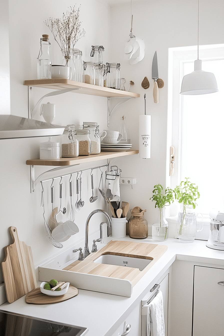 Kleine Küche mit offenen Regalen und Küchenutensilien an der Wand.