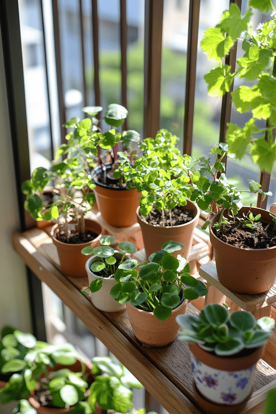 Verschiedene kleine Topfpflanzen auf einem Holzregal auf einem Balkon.