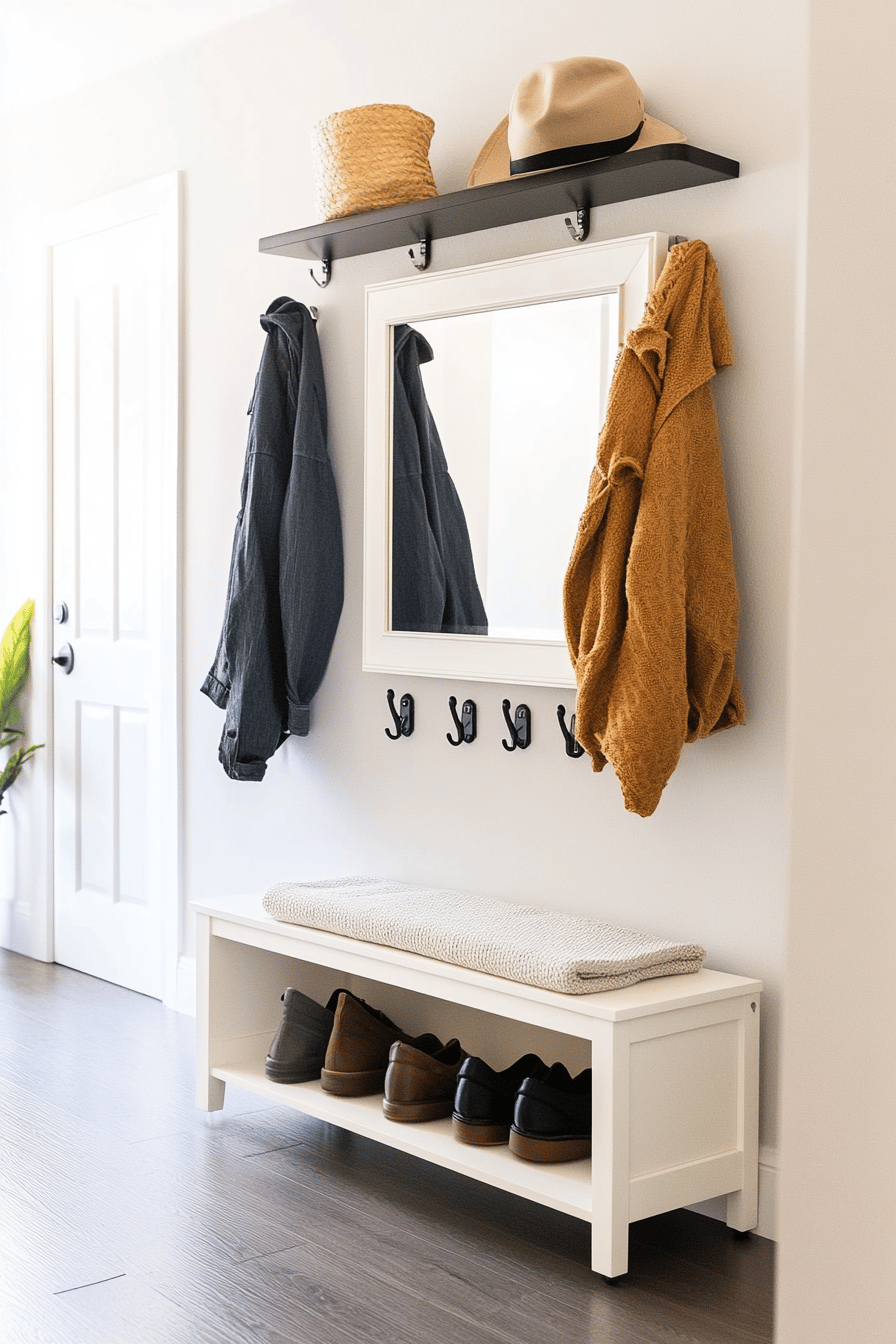 Kleiner Flur mit Wandregal, Garderobenhaken und einer Bank mit Schuhablage.