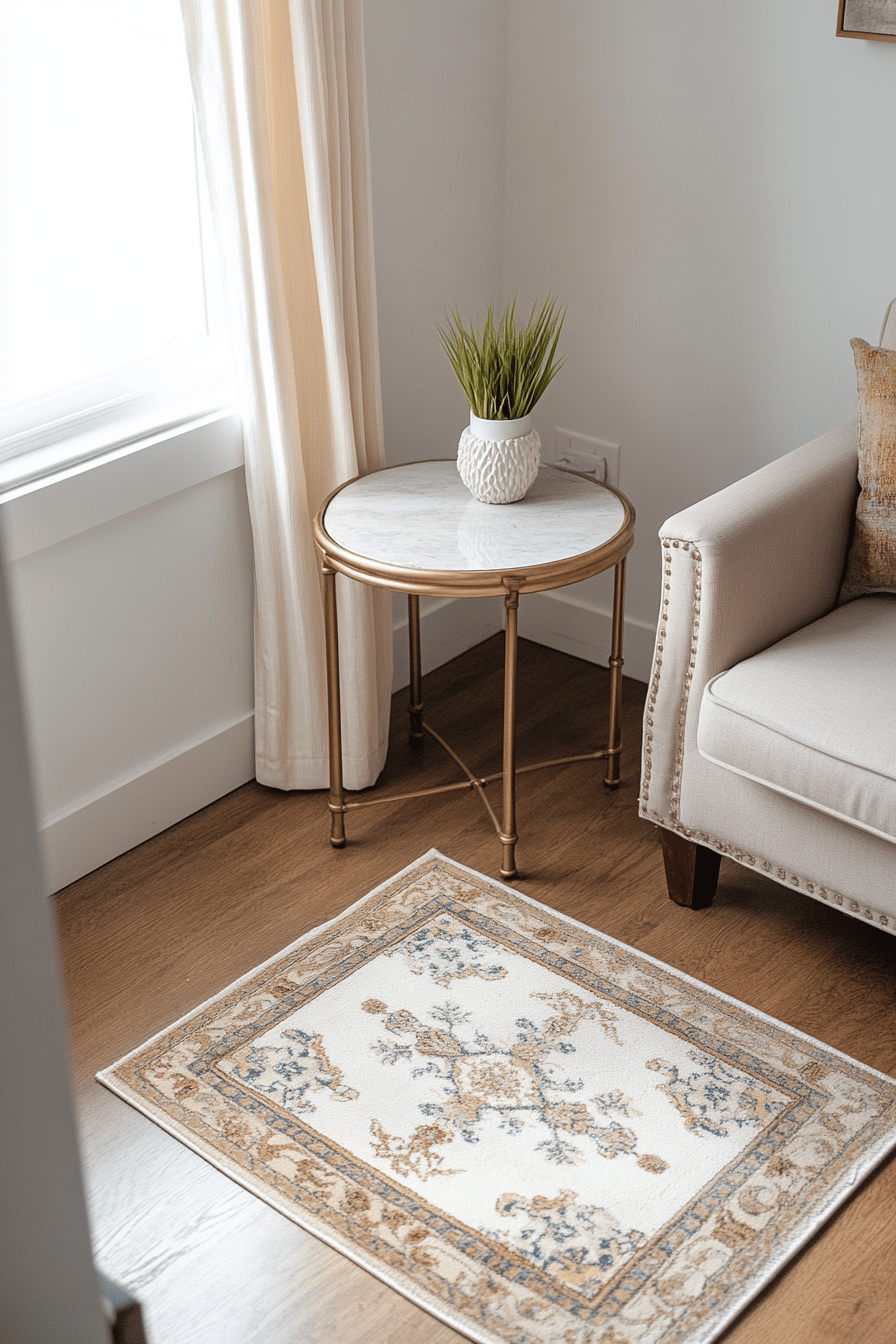 Ein stilvoll eingerichtetes kleines Wohnzimmer mit einem kleinen Teppich, einem Beistelltisch und einem Sofa.