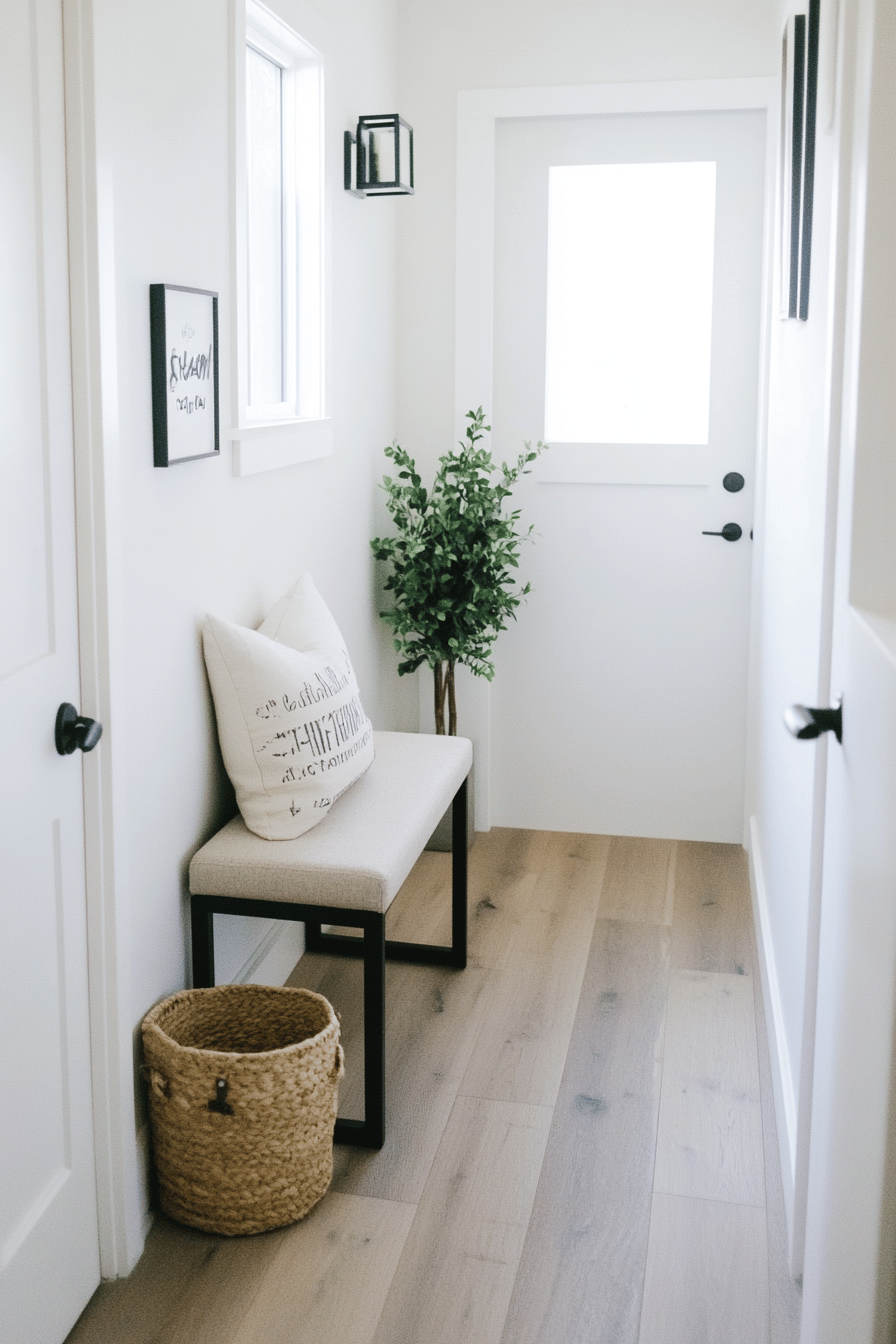 Ein heller Flur mit einer kleinen Bank, einem Kissen und einem Korb daneben.