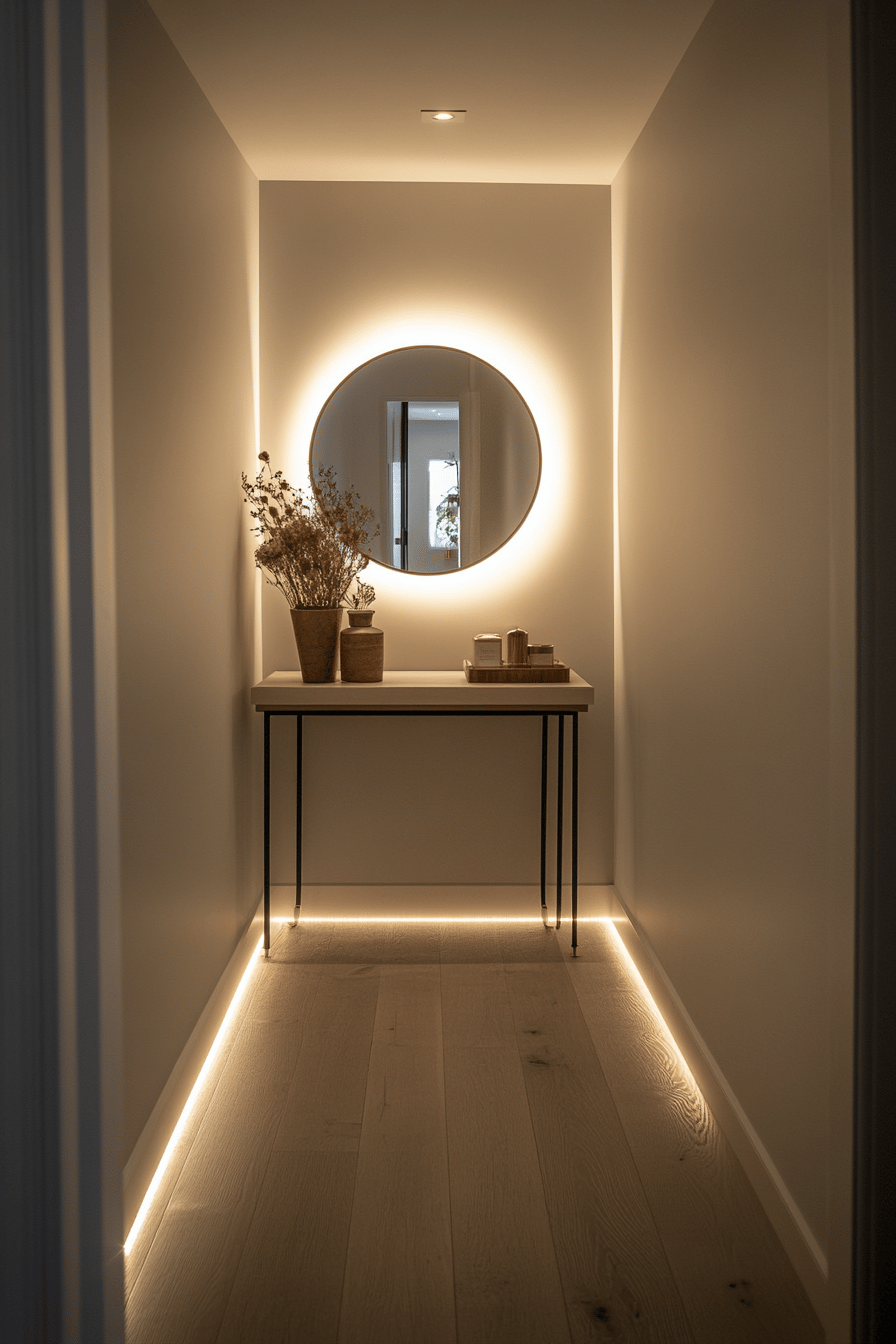 Ein kleiner Flur mit dezenter Beleuchtung um einen runden Spiegel und entlang der Bodenleisten.