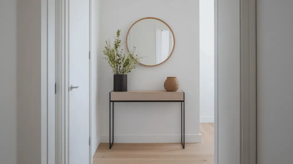 Minimalistischer Flur mit Spiegel und Tischdeko