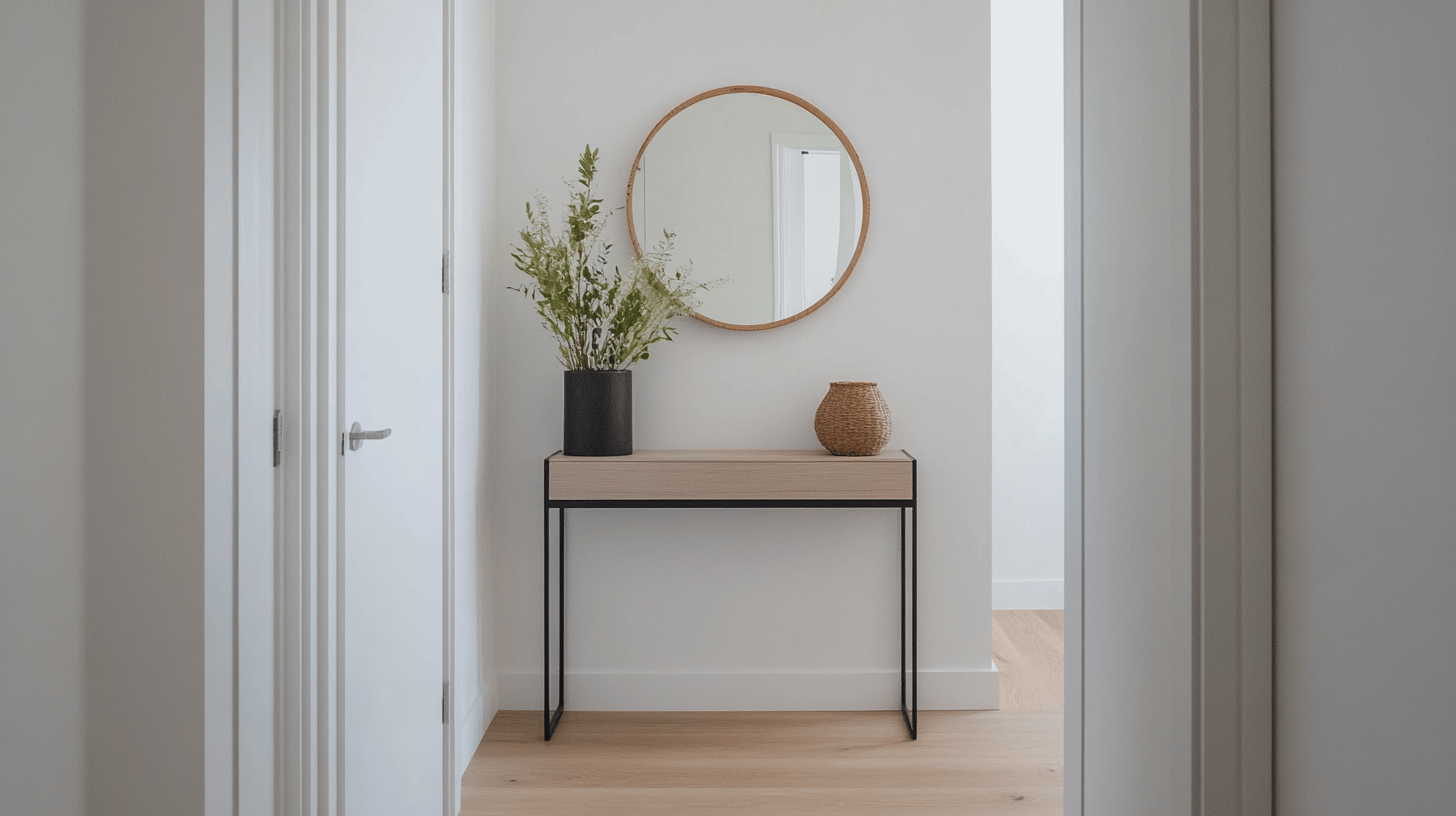Minimalistischer Flur mit Spiegel und Tischdeko