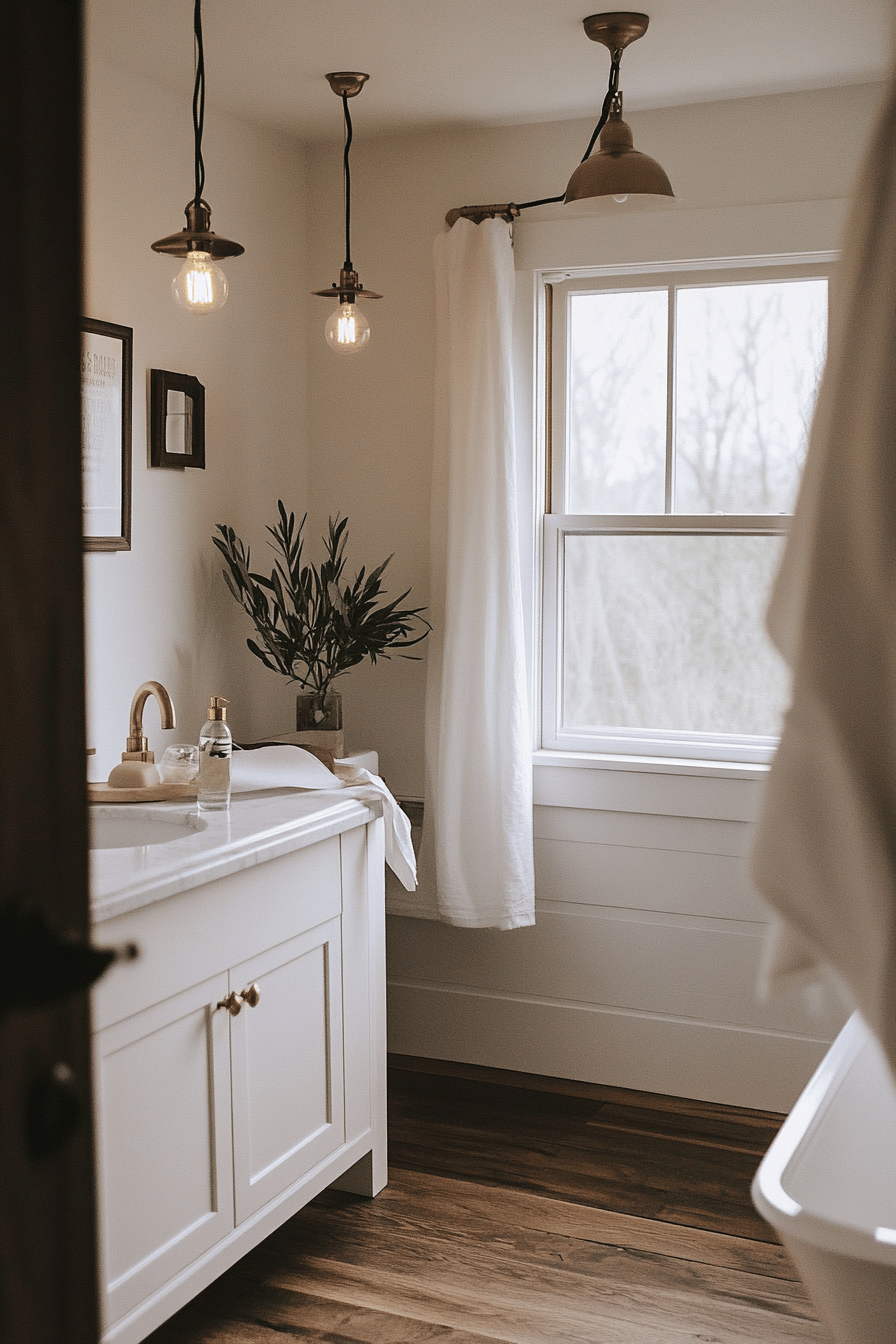 Elegantes Badezimmer mit stilvoller Beleuchtung und hölzernem Boden.