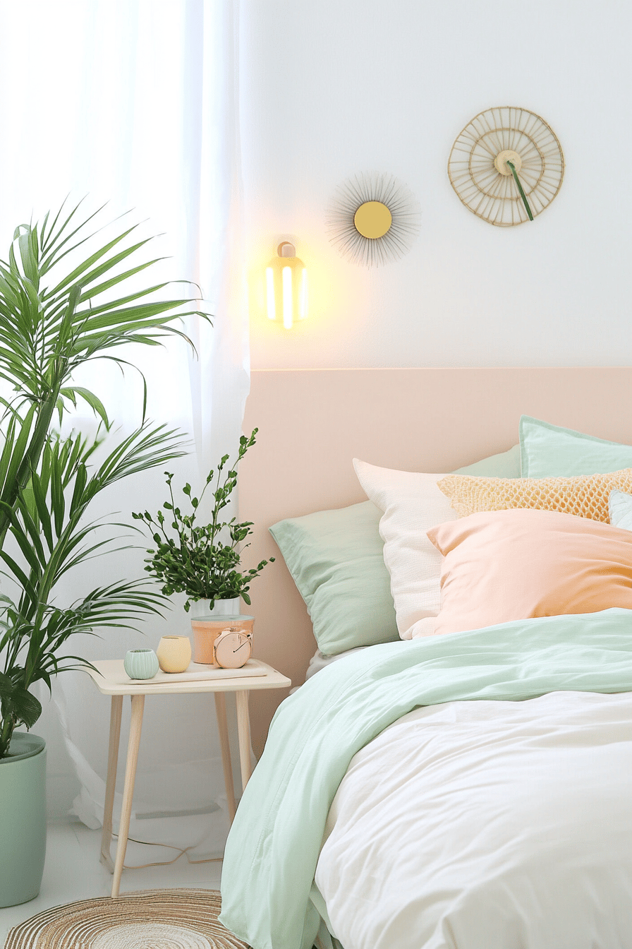 Kleines Schlafzimmer mit pastelligen Farben, Pflanzen und Tageslicht.