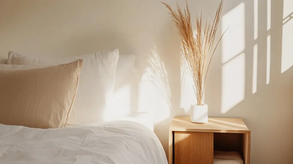 Gemütliches Schlafzimmer mit Sonnenlicht und Dekoration