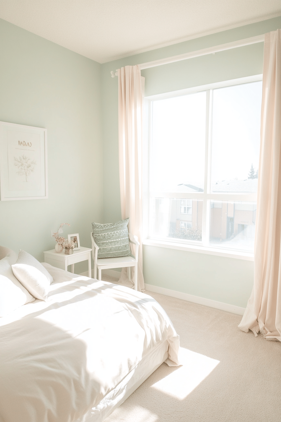 Kleines Schlafzimmer mit heller Einrichtung und großen Fenstern.