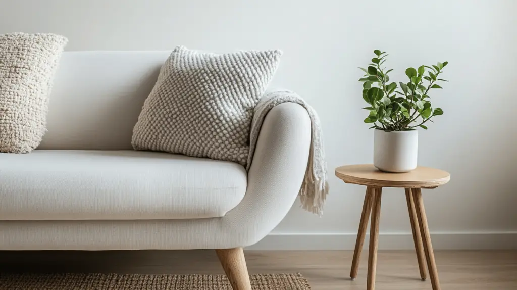 Sofa mit Kissen und Pflanze auf Beistelltisch