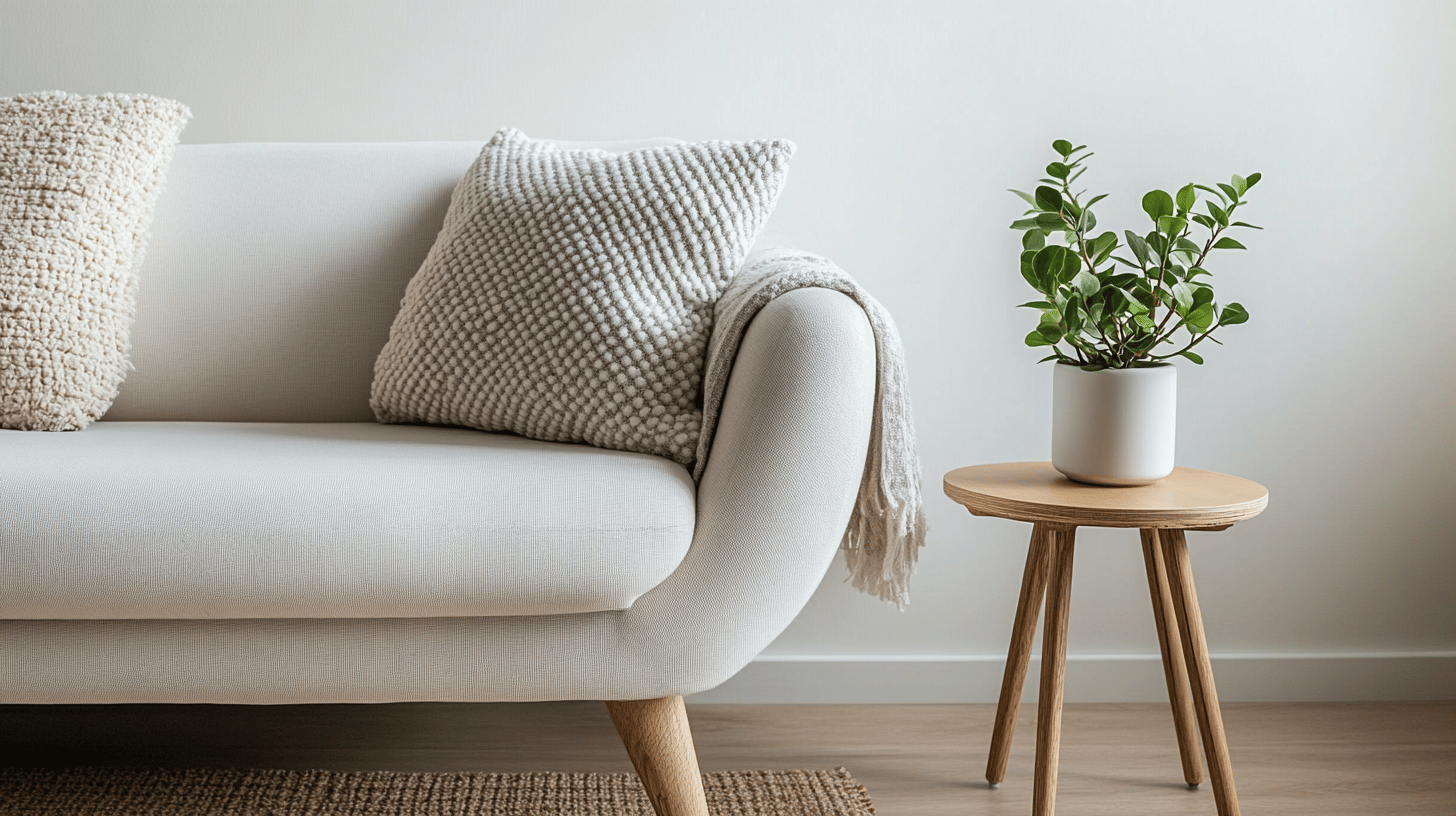 Sofa mit Kissen und Pflanze auf Beistelltisch