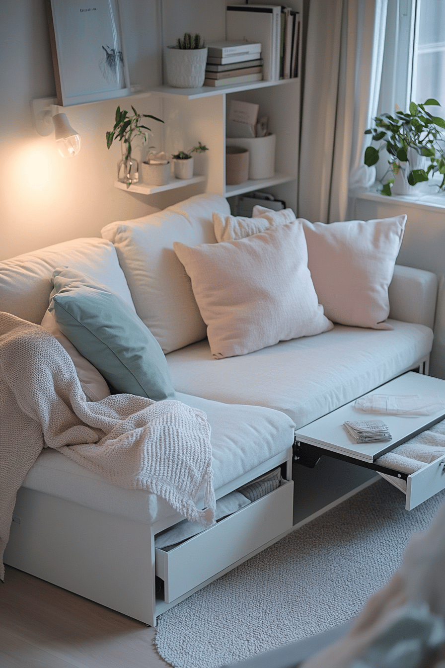 Kleines Wohnzimmer mit einem hellen Sofa, das über integrierte Schubladen verfügt.