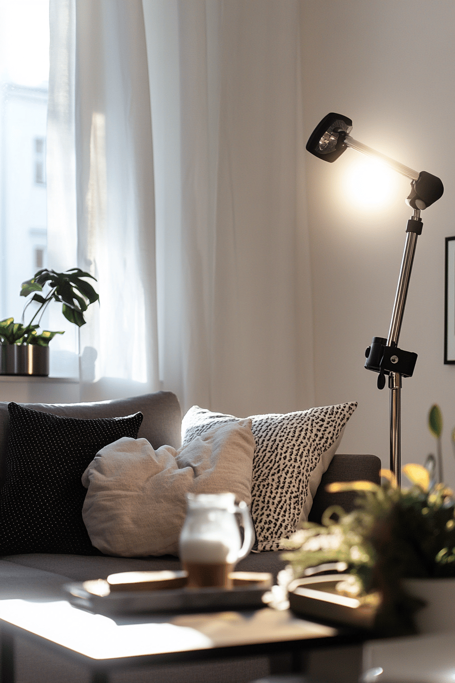 Gemütliche Sitzecke mit Klemmleuchte in einem kleinen Wohnzimmer.
