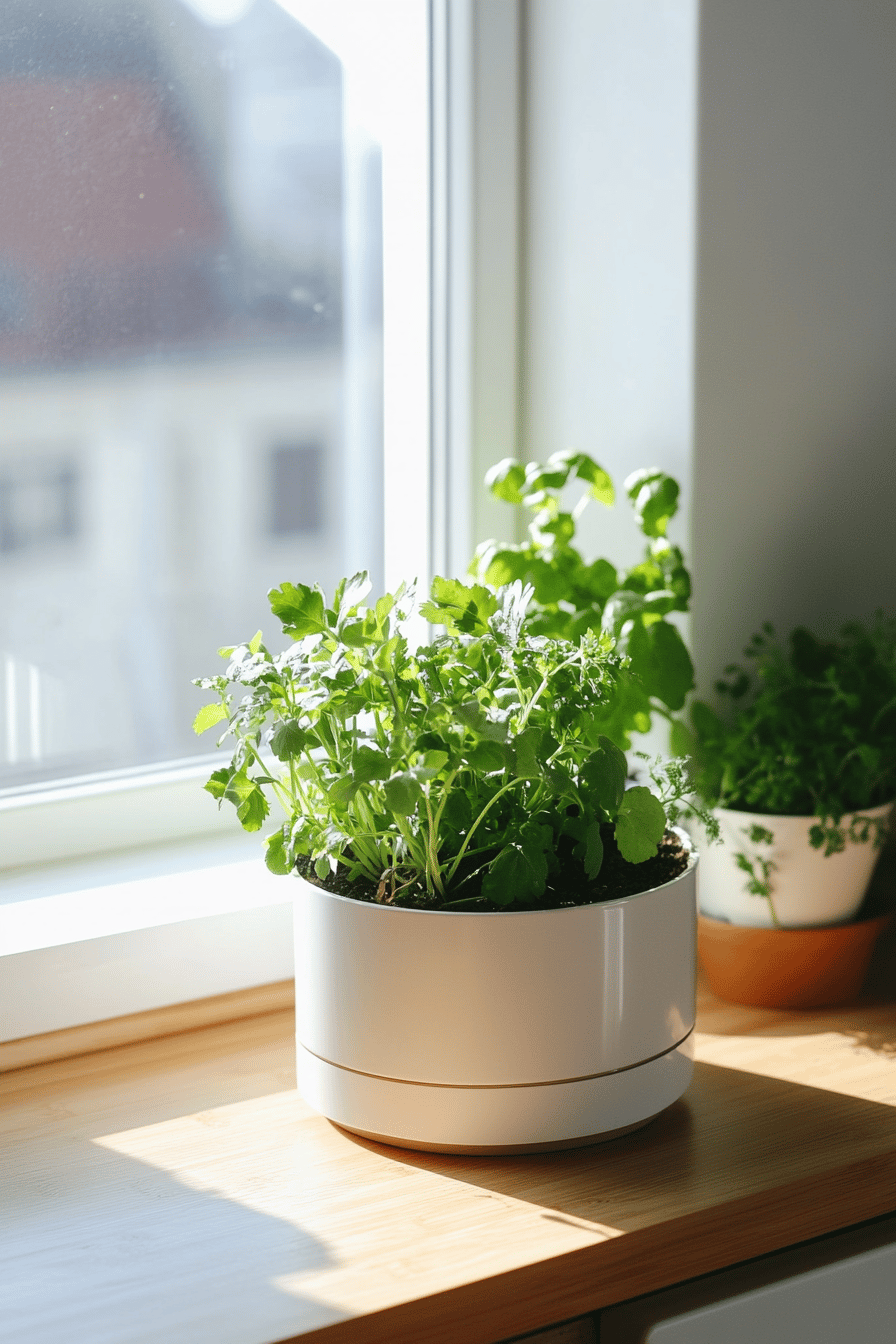 Ein kleiner Kräutertopf mit frischem Grün auf einer Fensterbank.
