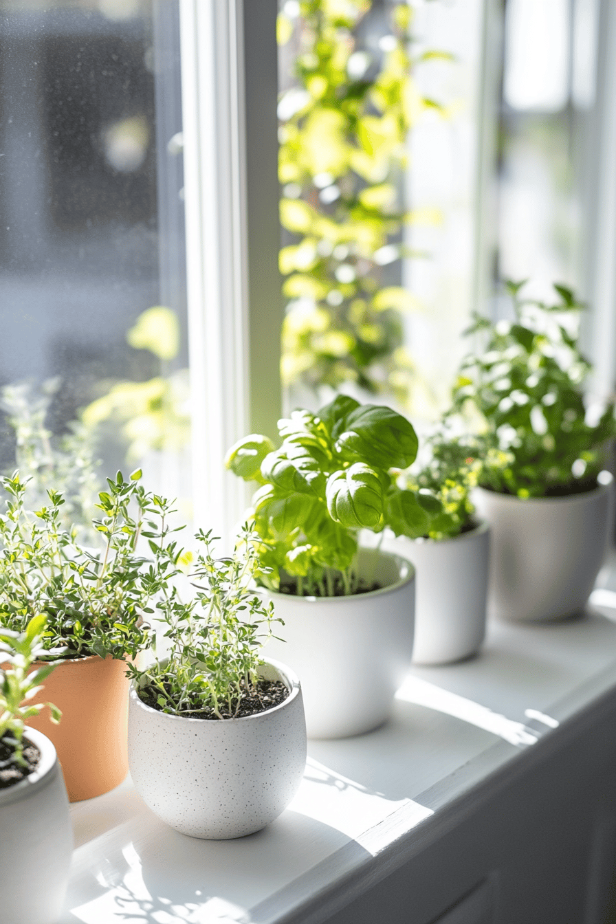 Kleine Töpfe mit verschiedenen Kräutern auf einer sonnigen Fensterbank.