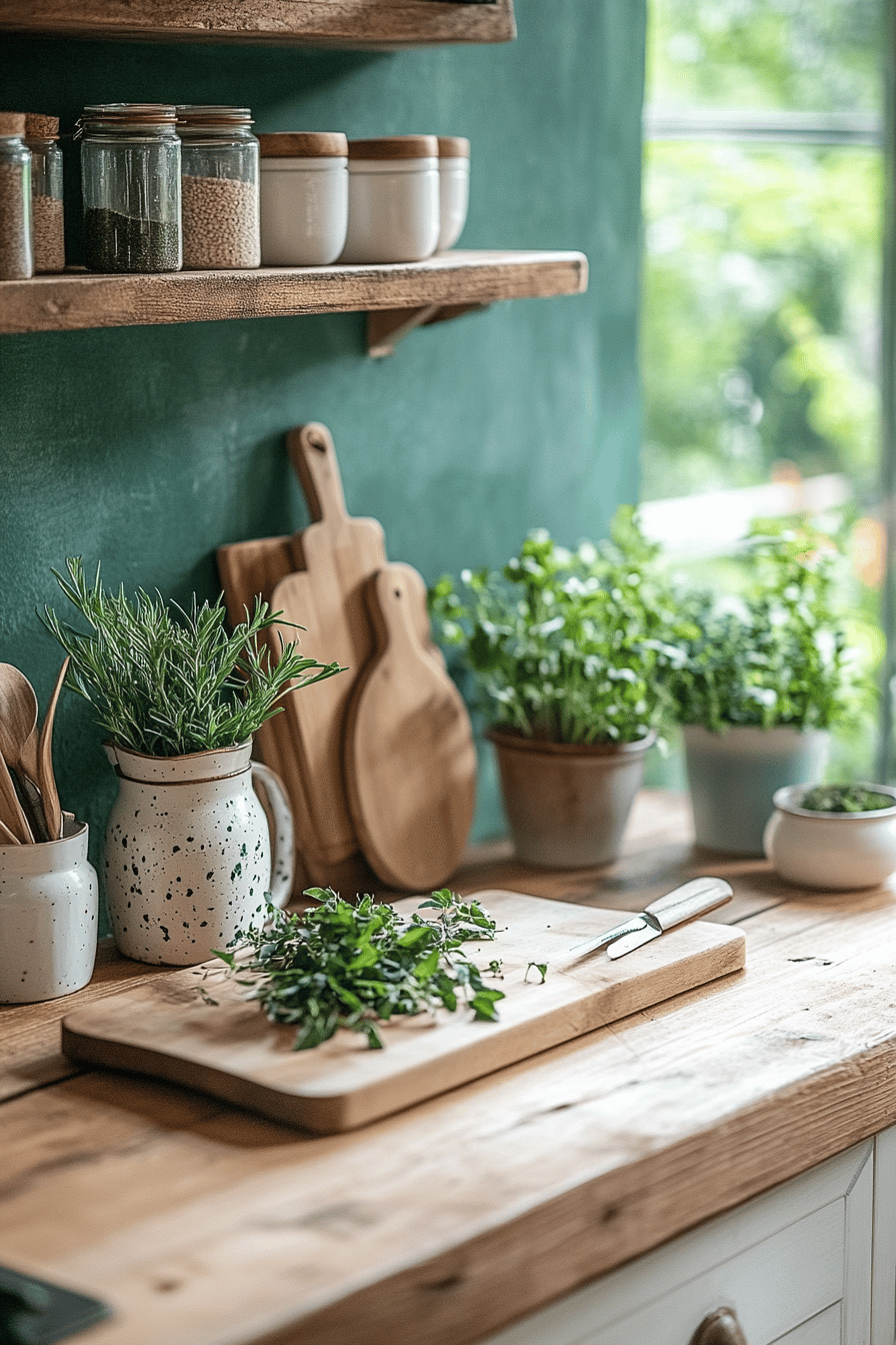 Verschiedene Kräuter in Töpfen und Gefäßen auf einer Küchenarbeitsplatte.