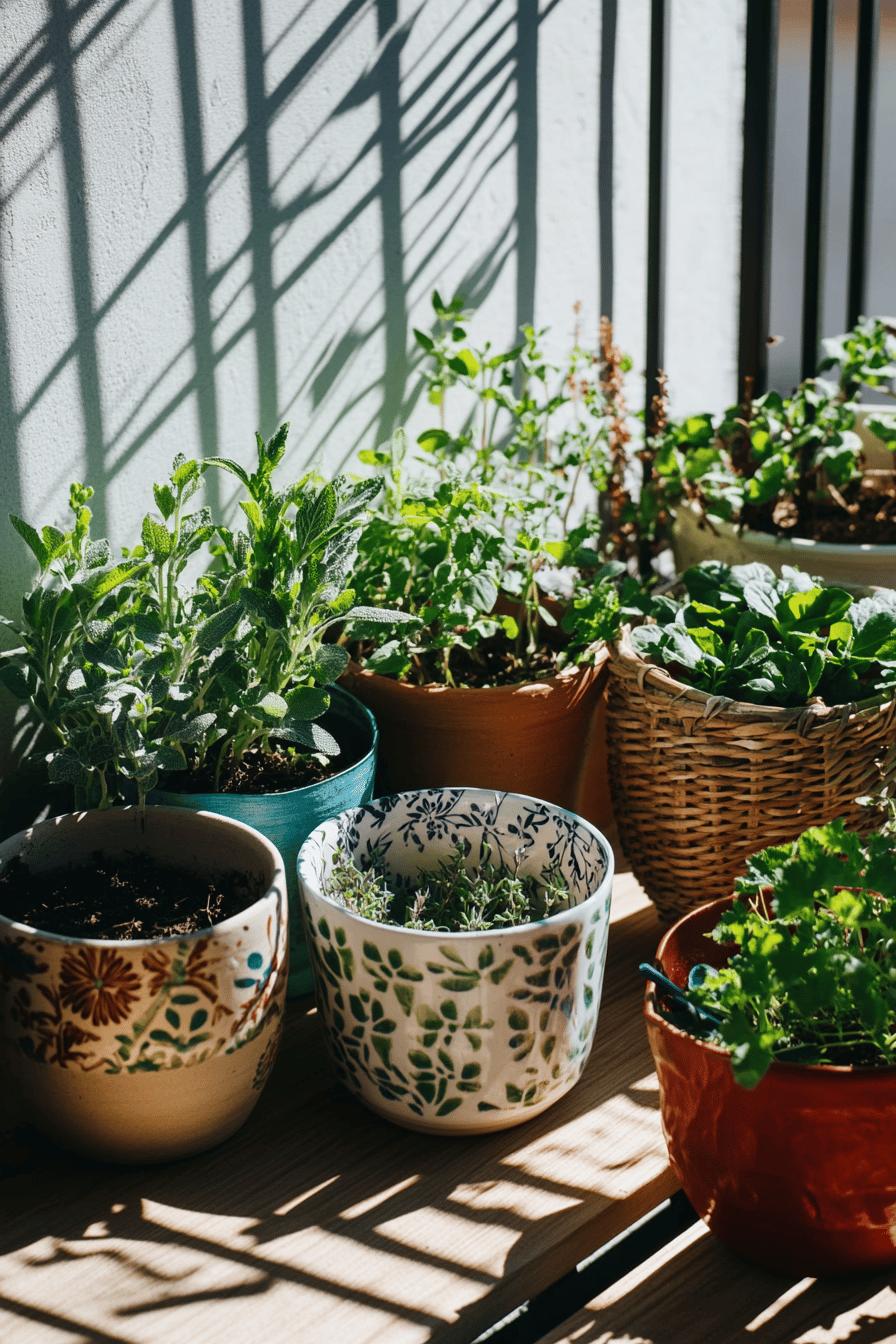 Verschiedene Kräuter in dekorativen Töpfen auf einem sonnigen Balkon.