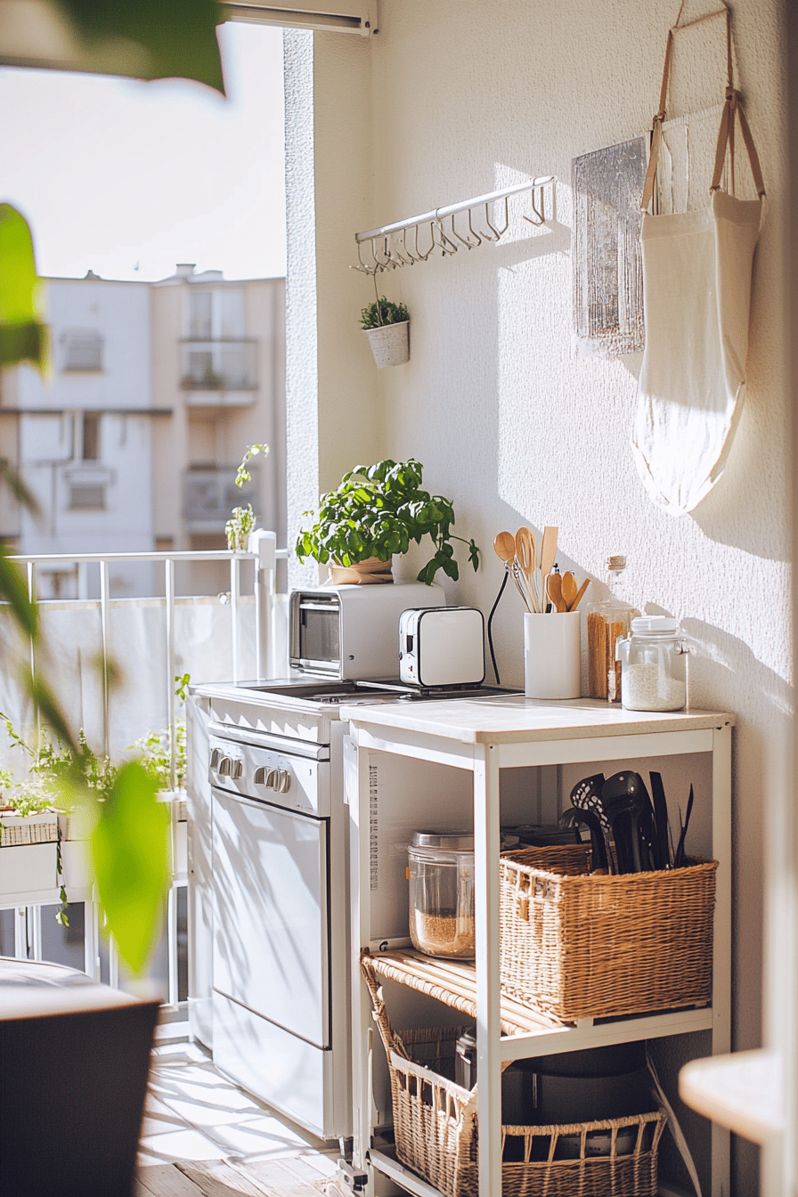 Ein kleiner Balkon mit einer kompakten Kücheneinrichtung, Küchenutensilien und Pflanzen.