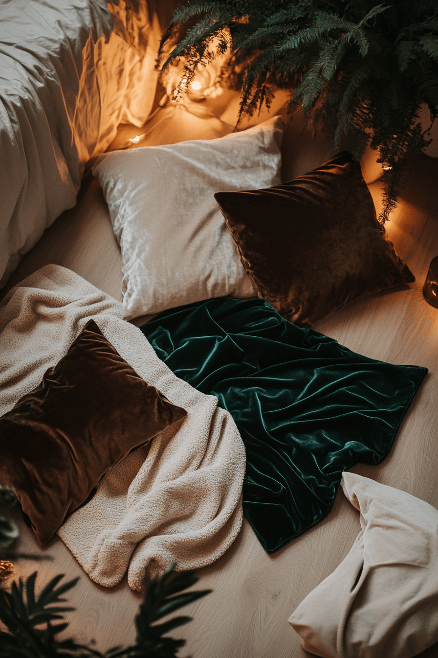 Weiche Decken und Kissen auf einem Holzboden, umgeben von warmem Licht.