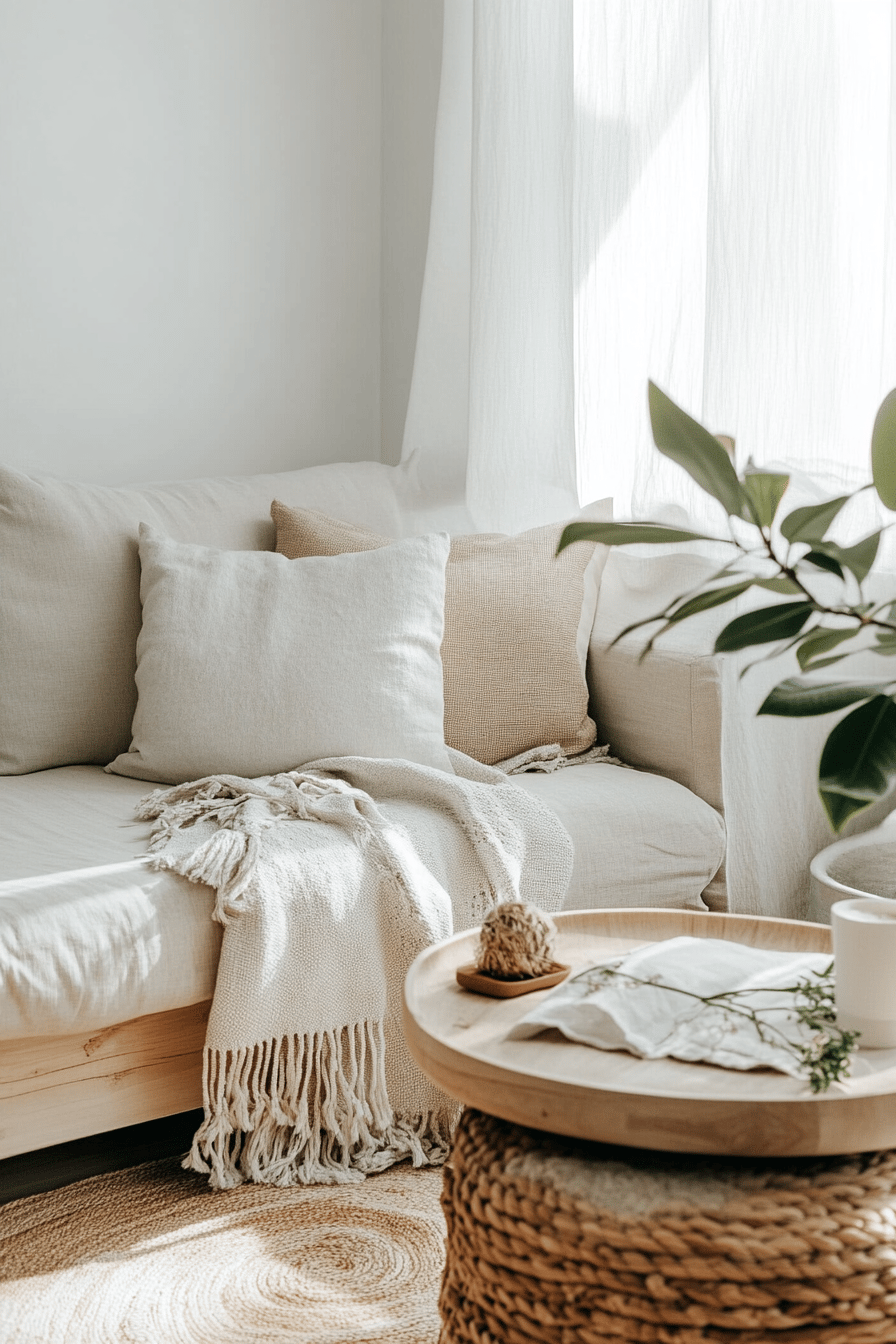 Wohnzimmer mit Leinenkissen und einem gemütlichen Sofa in neutralen Tönen.