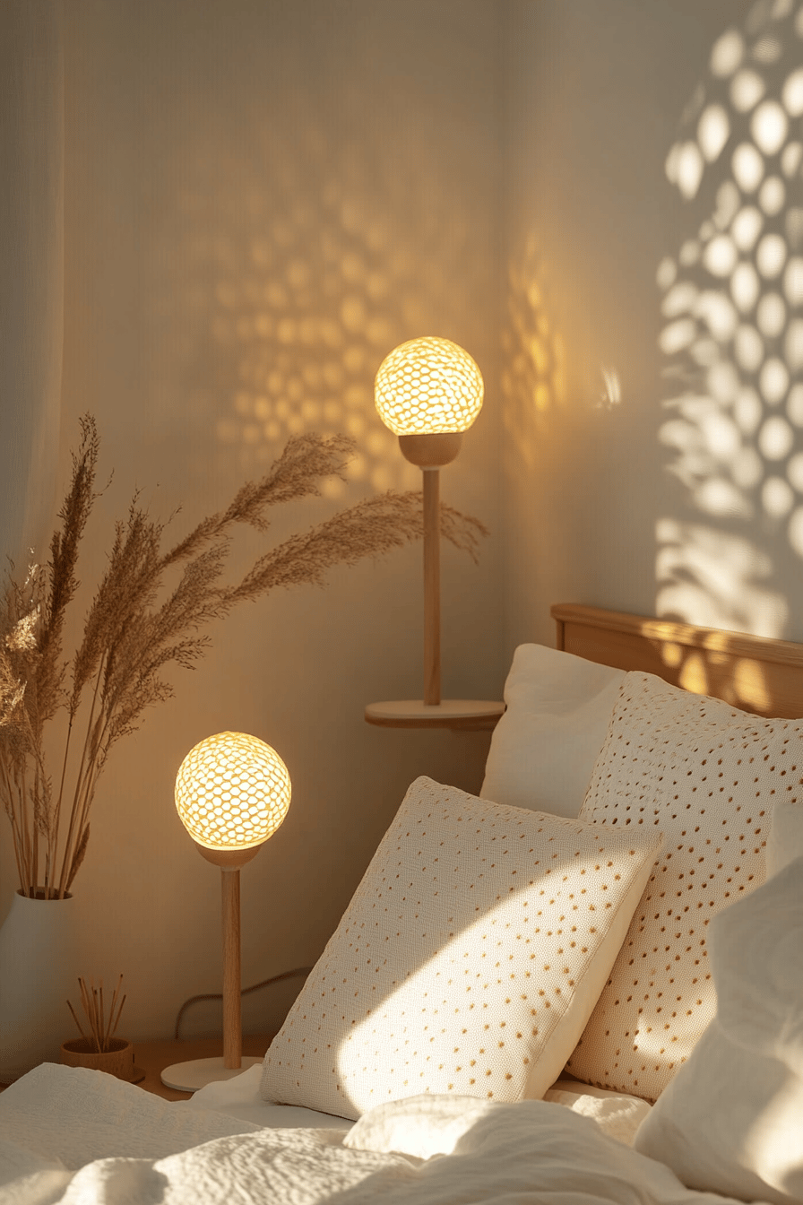 Gemütliches Schlafzimmer mit warmem Licht und dekorativen Schattenspielen an der Wand.