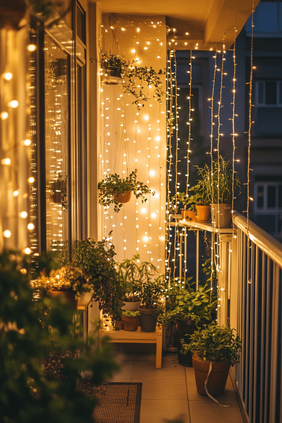Ein Balkon mit zahlreichen Pflanzen und warmen Lichterketten.