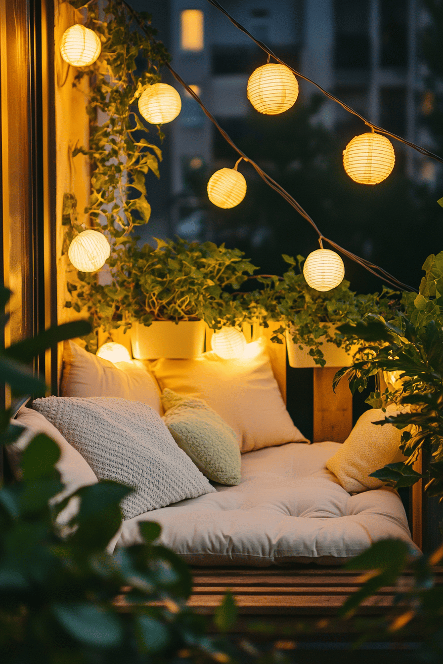 Gemütlicher Balkon mit Lichterketten und Pflanzen dekoriert.