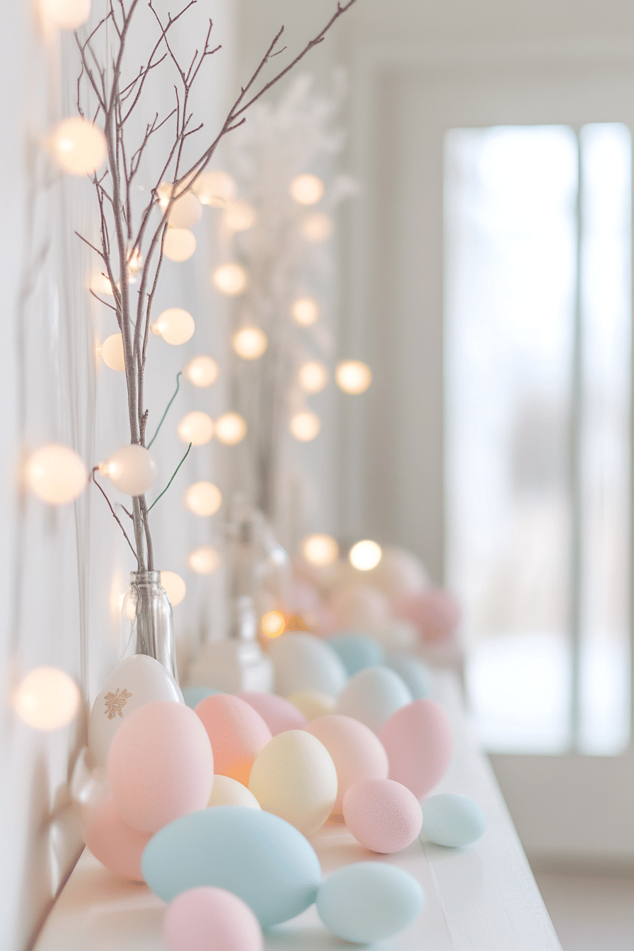 Zweig mit angebrachter Lichterkette und pastellfarbene Eier als Dekoration.