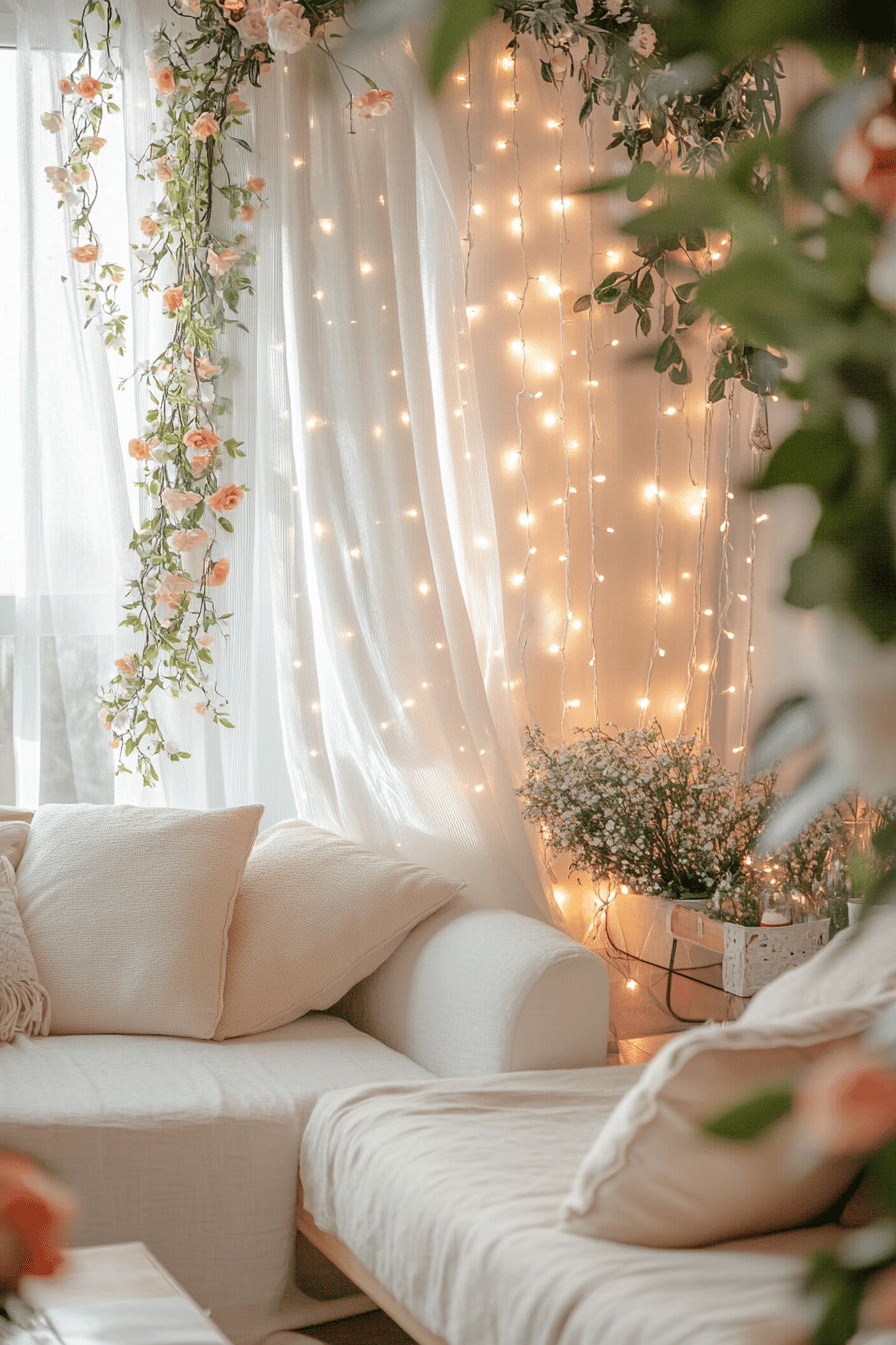 Ein gemütlicher Wohnbereich mit Lichterketten und Blumendekorationen.