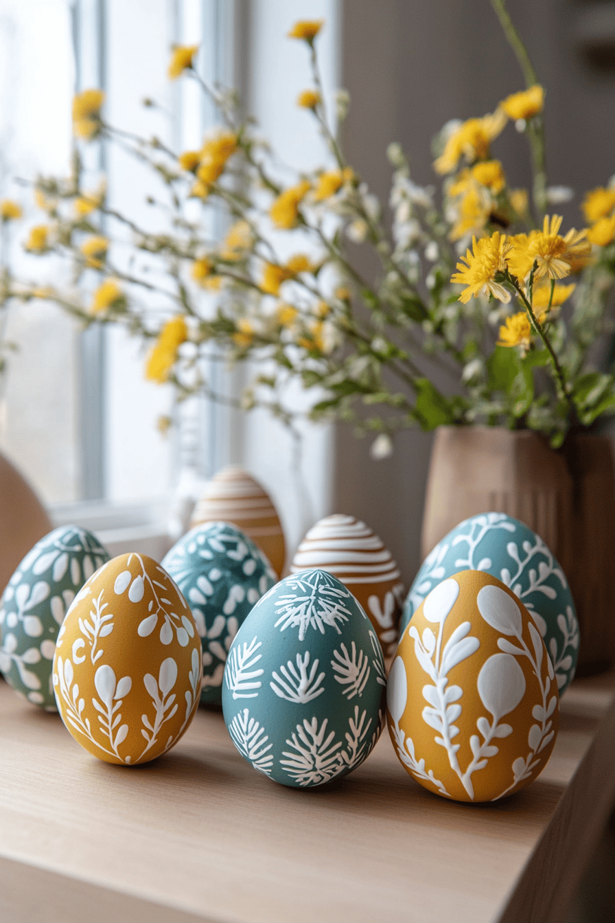 Verschiedene Ostereier mit filigranen weißen Line-Art-Mustern auf buntem Hintergrund, im Vordergrund gelbe Blumen.
