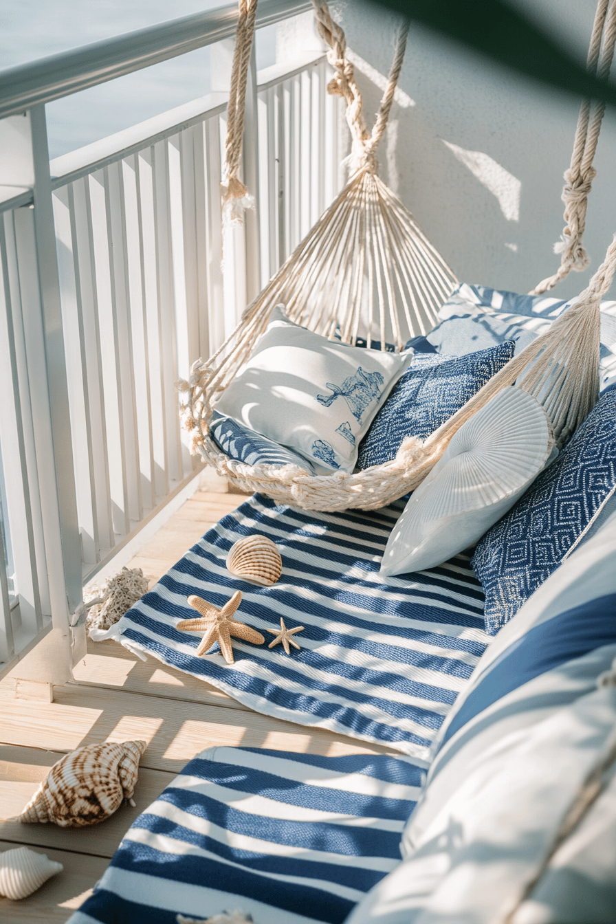 Ein Balkon mit maritimer Dekoration, blau-weißen Kissen und Muscheln.