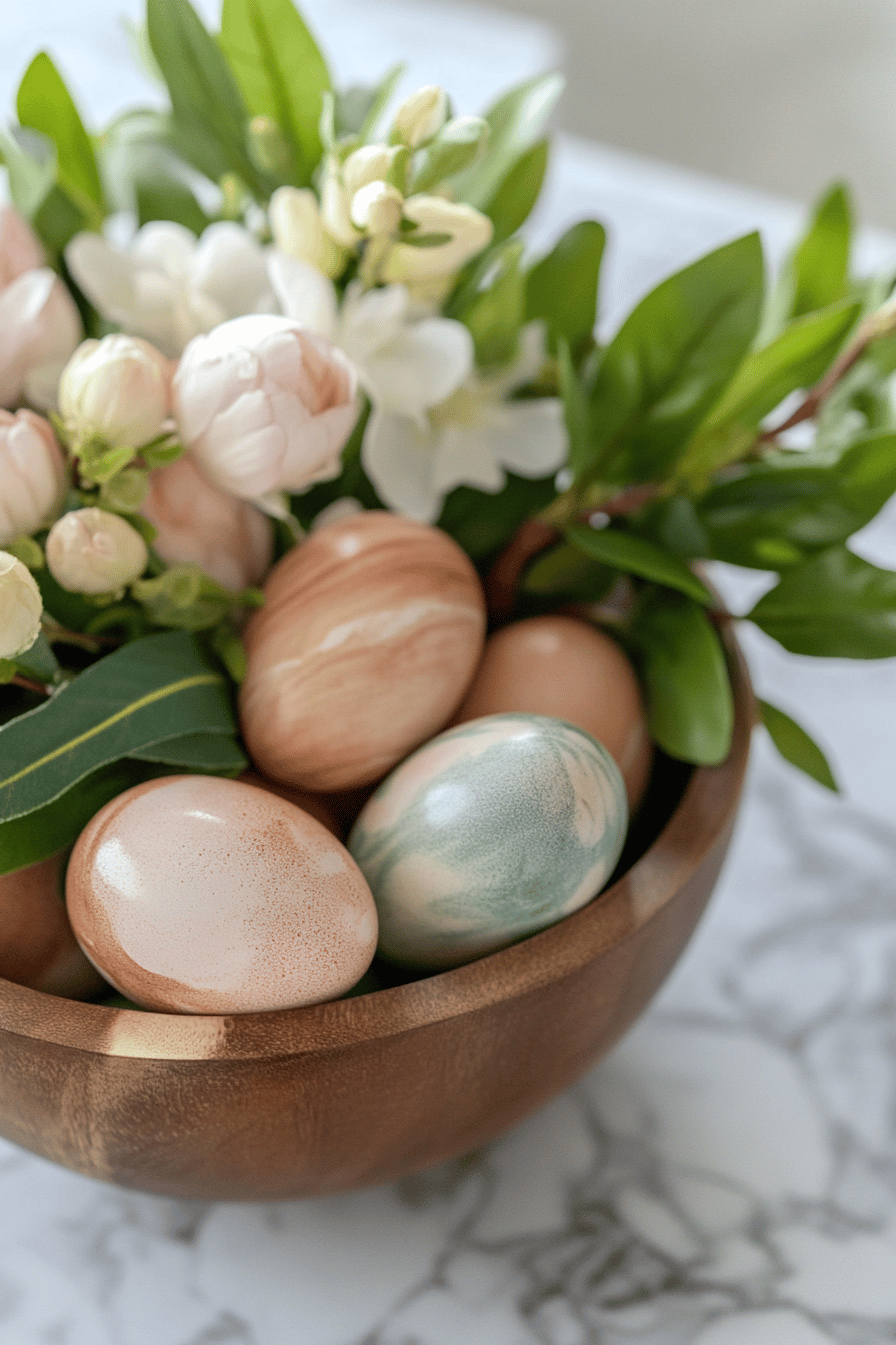 Holzschale mit marmorierten Eiern und Blumen.