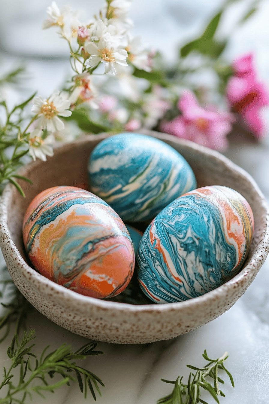 Eine Schale mit marmorierten Ostereiern in Blau- und Orangetönen, umgeben von Frühlingsblumen.