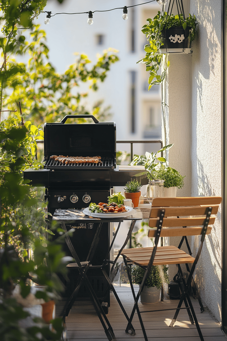 Ein schmaler Balkon mit einem Miniaturgrill, umgeben von Pflanzen und einer Sitzgelegenheit.