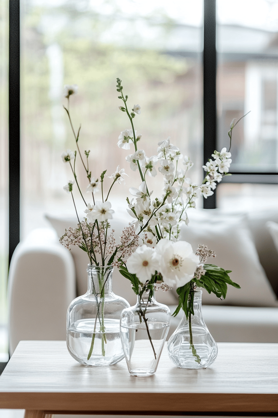 Drei transparente Glasvasen mit zarten weißen Blumen auf einem Holztisch.