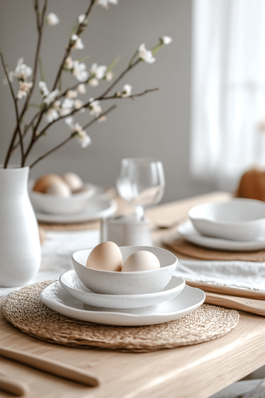 Minimalistisch gedeckter Tisch mit weißen Tellern und Zweigen.
