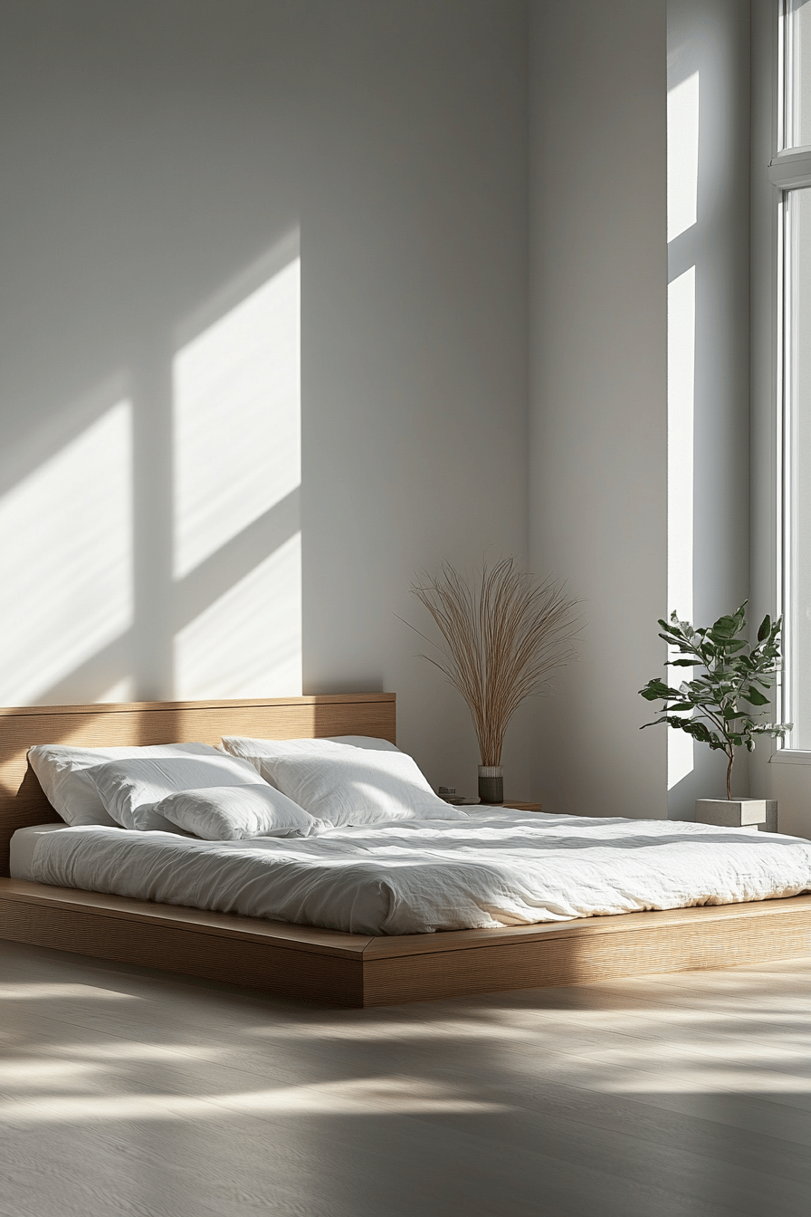 Ein minimalistisches Plattformbett in einem hellen Raum mit großen Fenstern und Pflanzen.