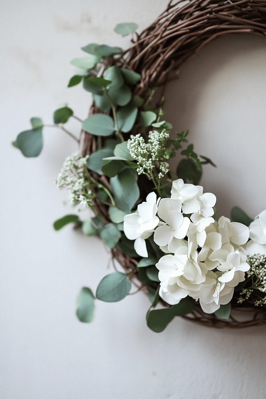 Ein minimalistischer Osterkranz aus Zweigen, dekoriert mit weißen Blumen und Eukalyptusblättern.