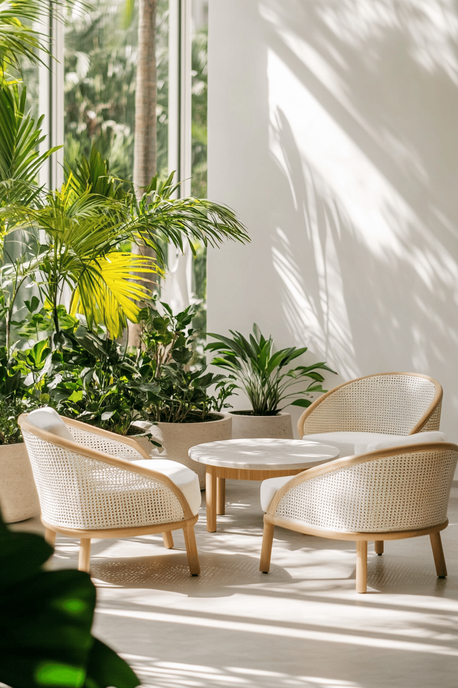 Schlichte Terrasse mit eleganten weißen Stühlen und grünen Pflanzen.