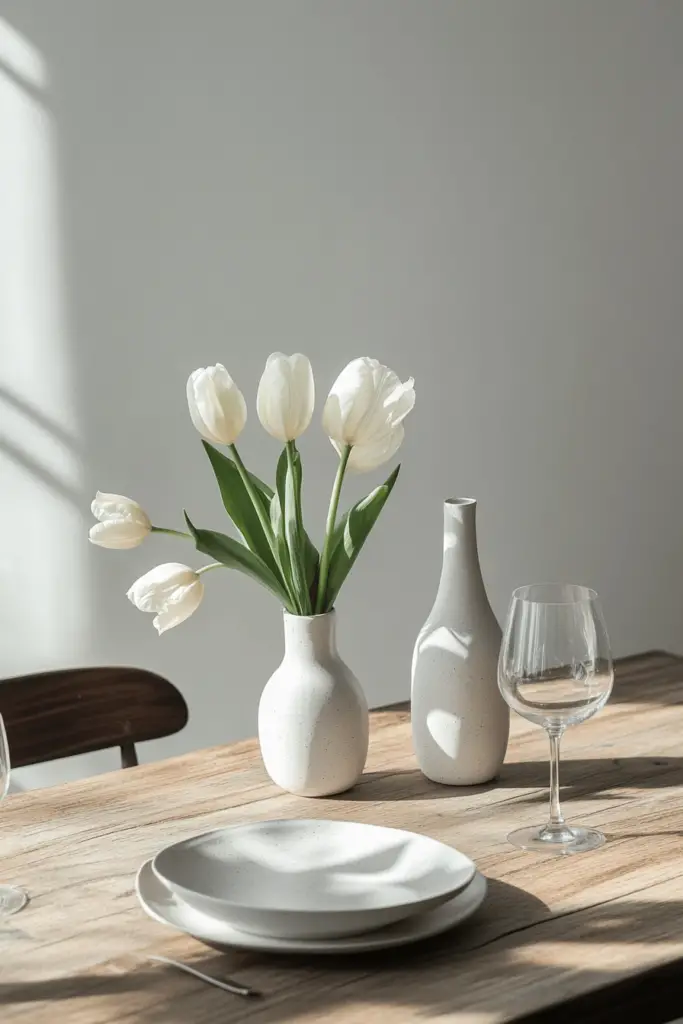 Vase mit weißen Tulpen auf Holzuntergrund