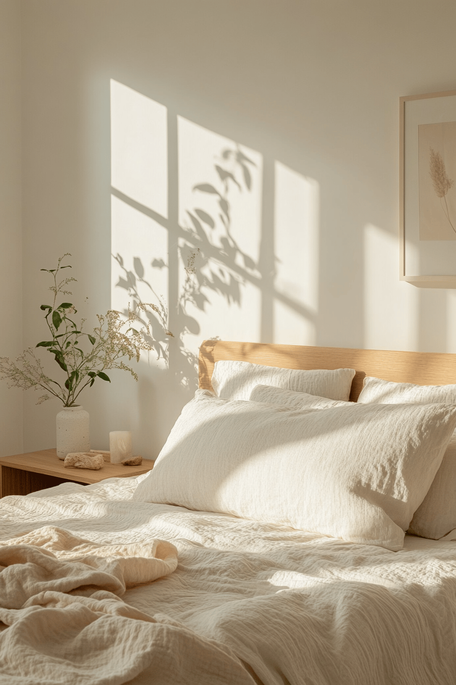 Ein minimalistisches Bett in einem hellen Raum mit Sonnenlicht und Pflanzen.