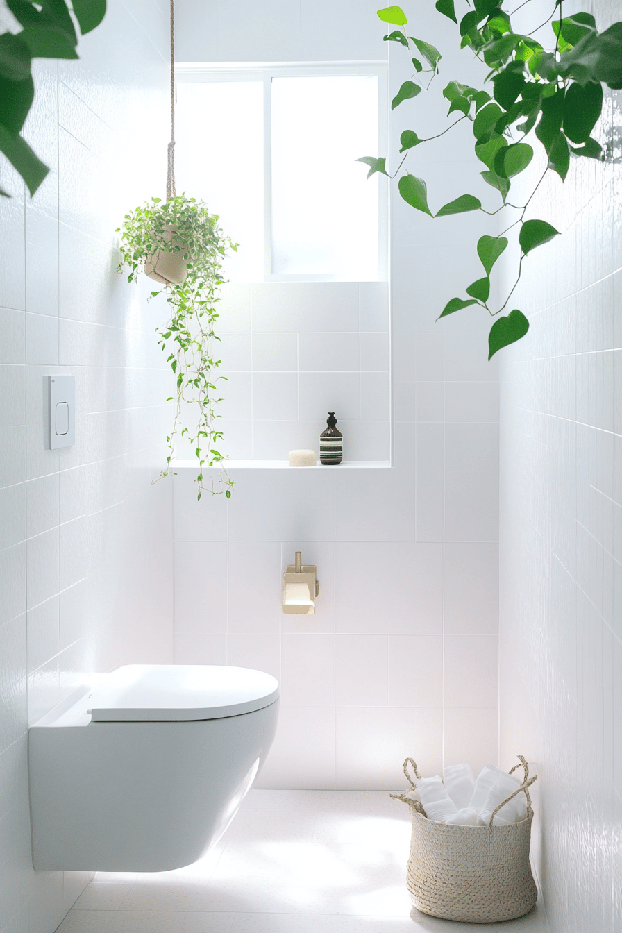 Kleines, weißes Badezimmer mit Hängepflanze und elegantem WC-Design.