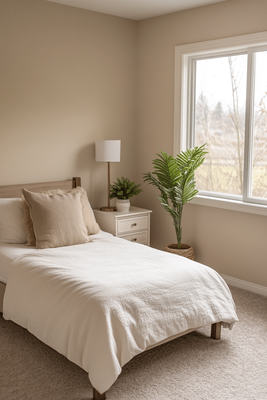 Minimalistisch eingerichtetes Schlafzimmer mit großem Fenster, Bett und Pflanzen.